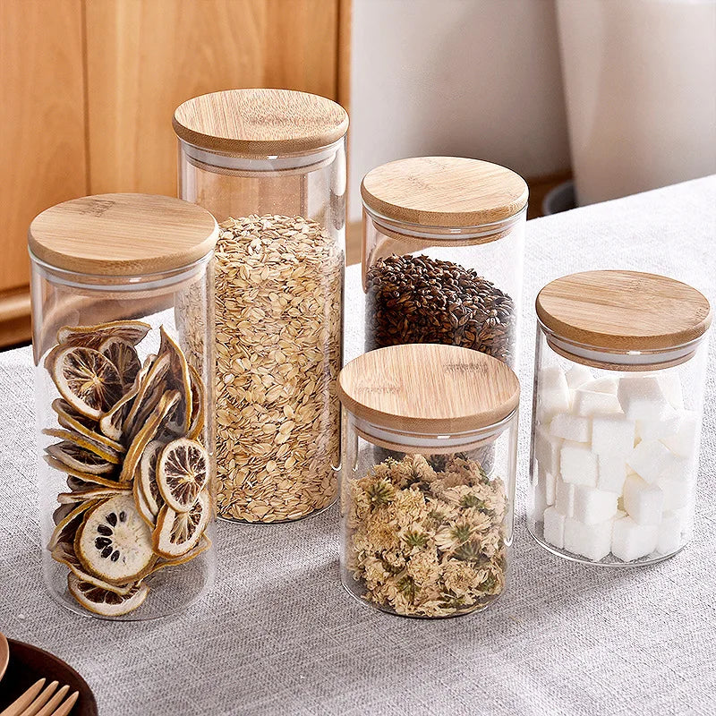 New Wood Lid Glass Storage